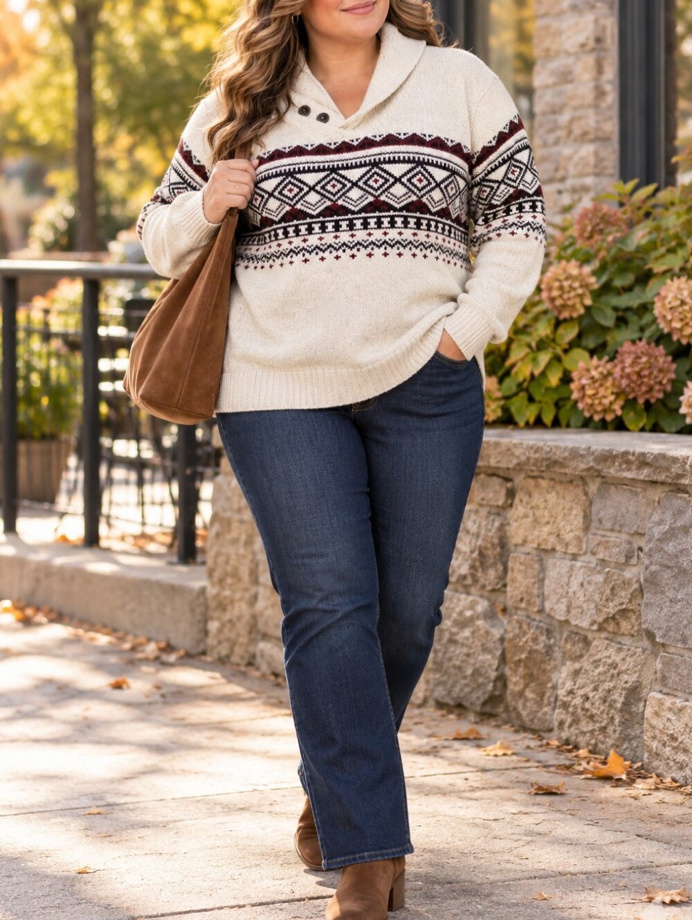 Simons Cream Fair Isle Shawl Collar Sweater Maroon Black Nordic Knit Winter